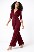 Tie Waist Empire Jersey Palazzo Jumpsuit – Wine Burgundy