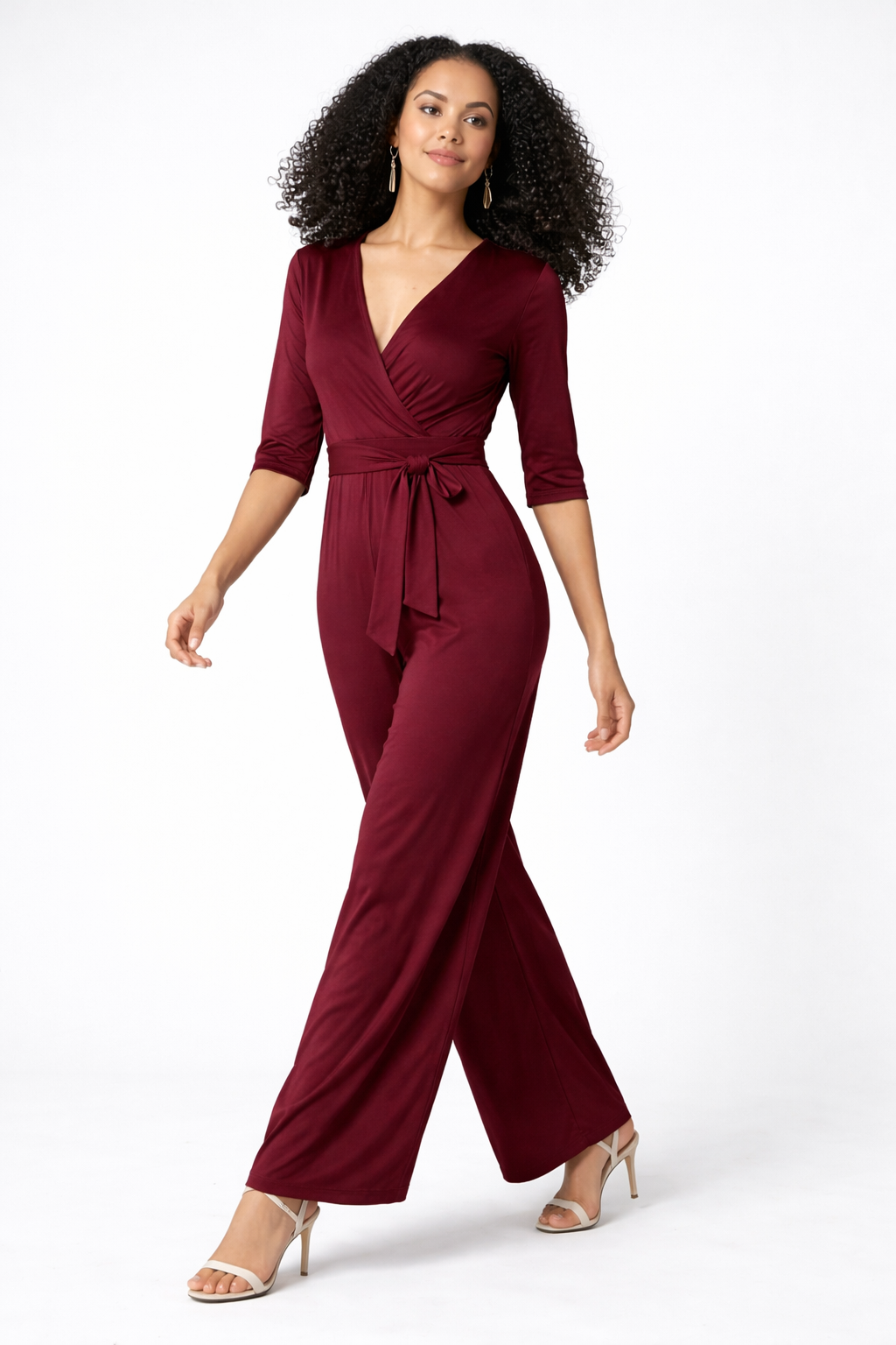 Tie Waist Empire Jersey Palazzo Jumpsuit – Wine Burgundy