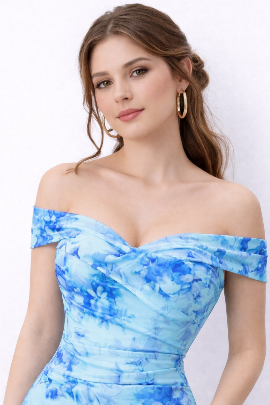 Blue Floral Off-Shoulder Mermaid Maxi Dress