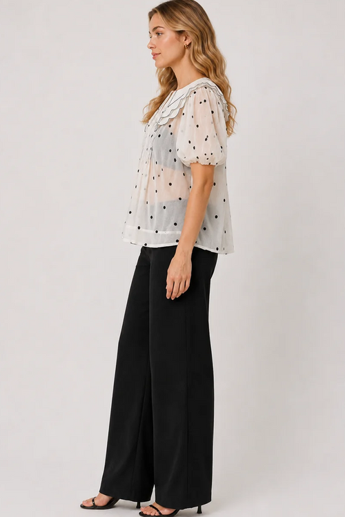 White Polyester Polka Dot Scalloped Collar Pleated Detail Puff Sleeve Top