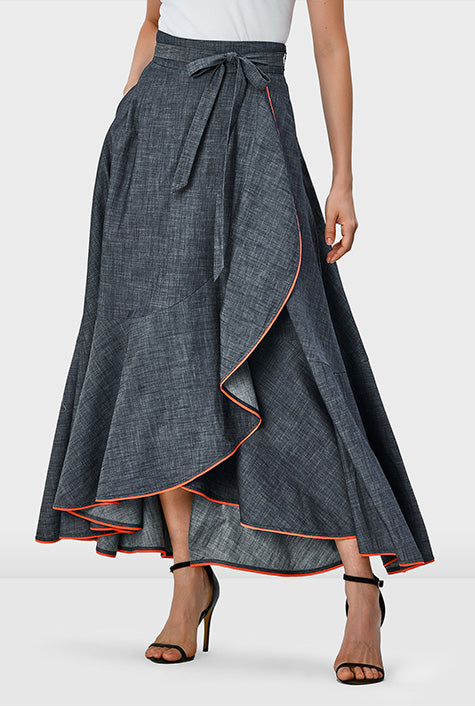 Contrast trim cotton chambray faux wrap skirt with tie waist and flared hem, model standing