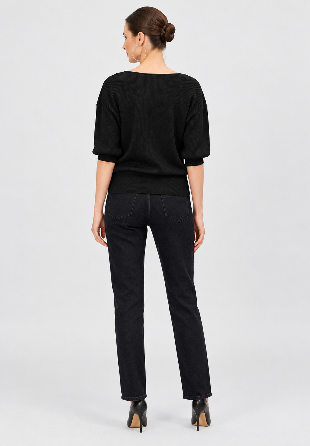 women's black linen cotton rib knit wrap top with v-neck