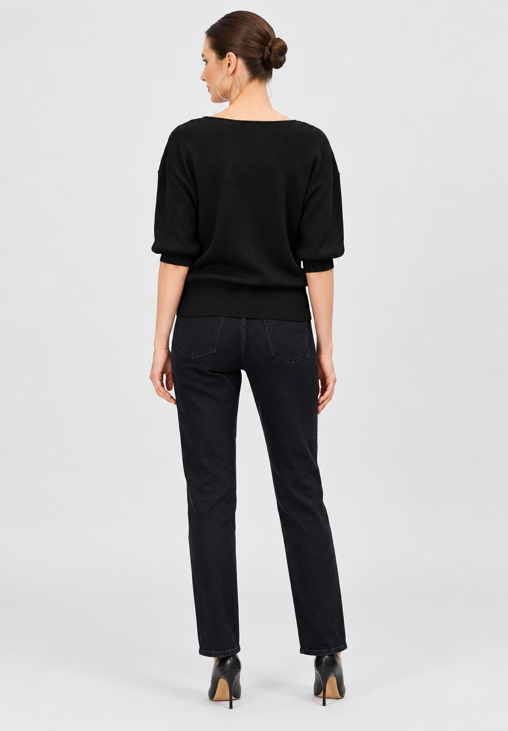women's black linen cotton rib knit wrap top with v-neck
