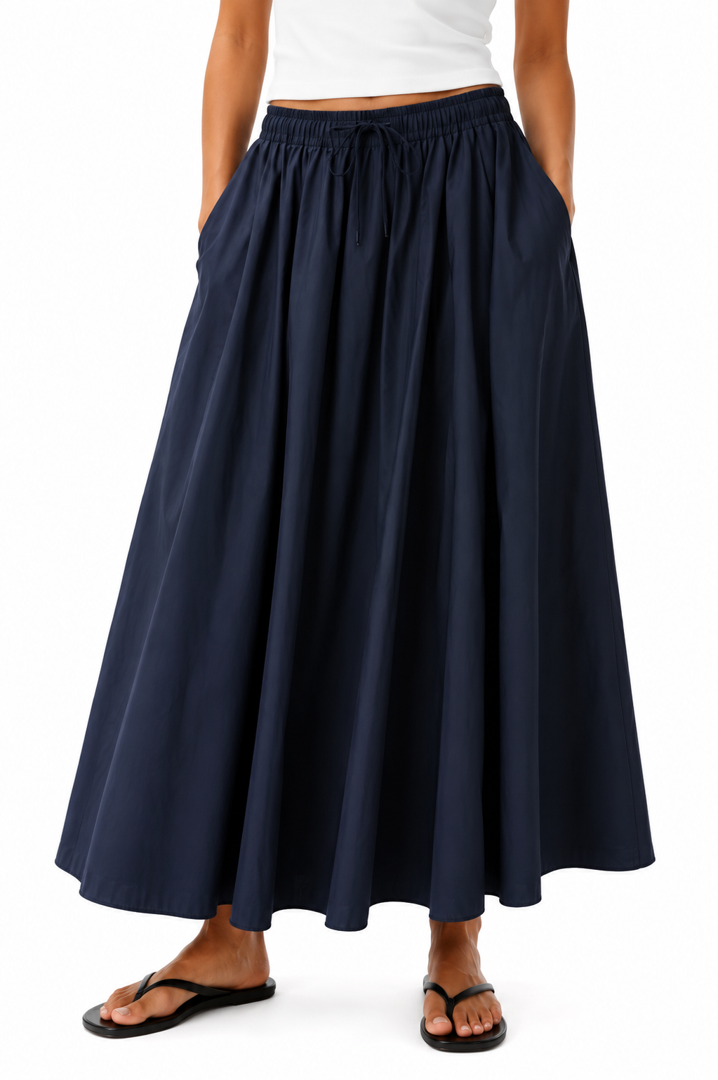 Drawstring Full-Length Cotton Poplin Skirt