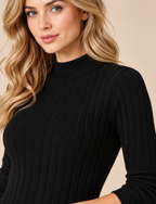 Women's Black Wool Blend Rib Knit Sweater Dress with Mock Neck and 3/4 Sleeves