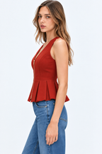Women’s Red Polyester Peplum Zip-Up Top