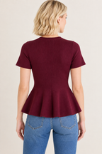 Women’s Burgundy Rayon Short Sleeve Peplum Top