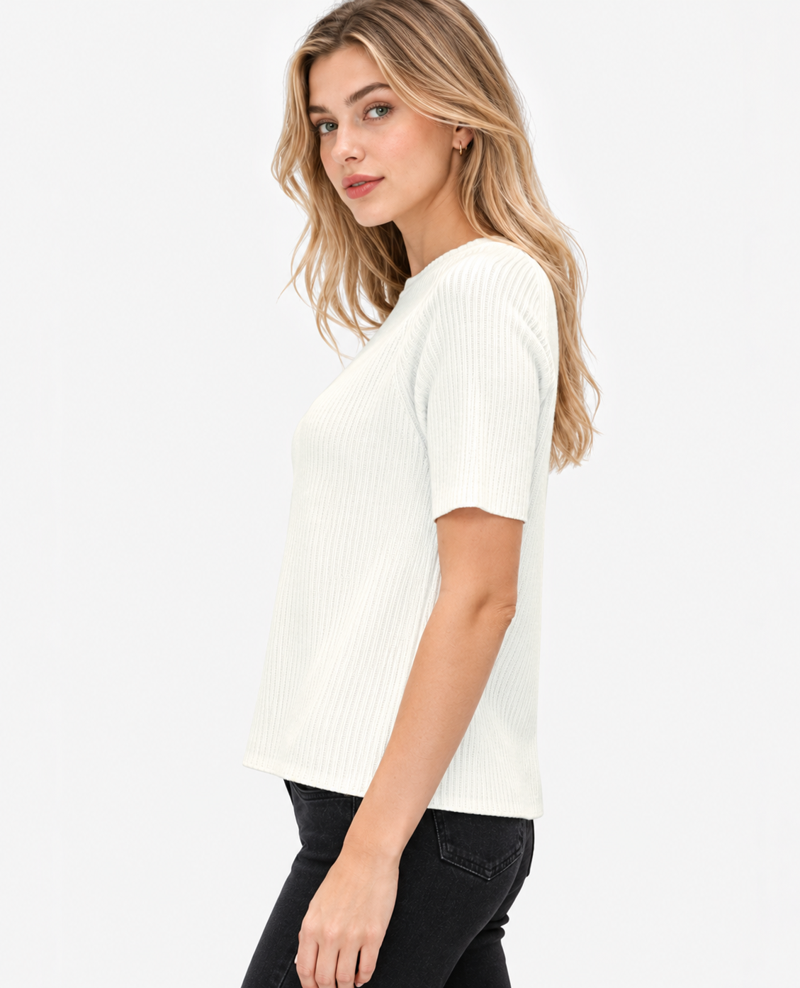 women's ivory linen cotton rib knit short sleeve top