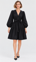 women’s black rayon crinkle V-neck tiered mini dress