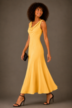 Yellow Satin Crepe Draped Cowl Neck Maxi Dress