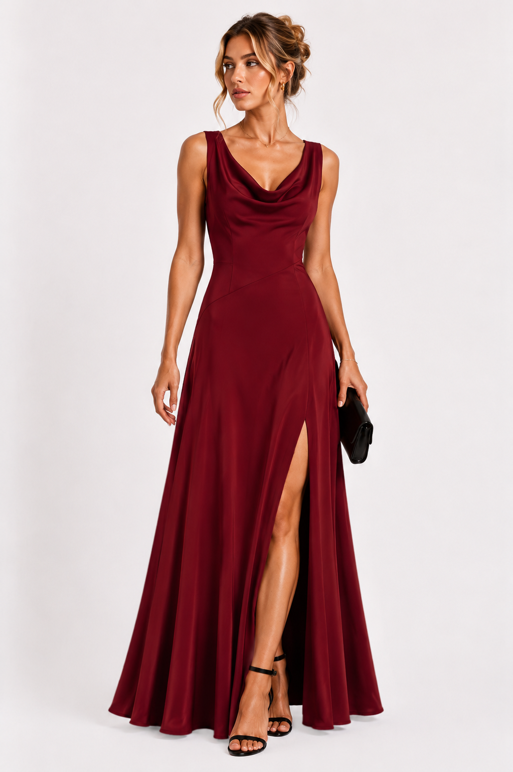 Burgundy Heavy Crepe Draped Cowl Neck Maxi Dress with Front Slit