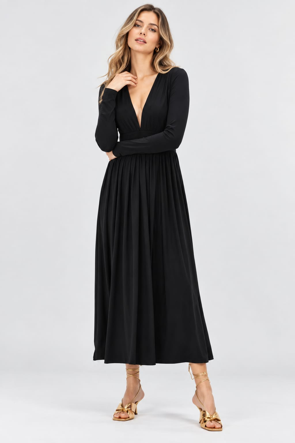Black Jersey Knit V-Neck Long Sleeve Maxi Dress