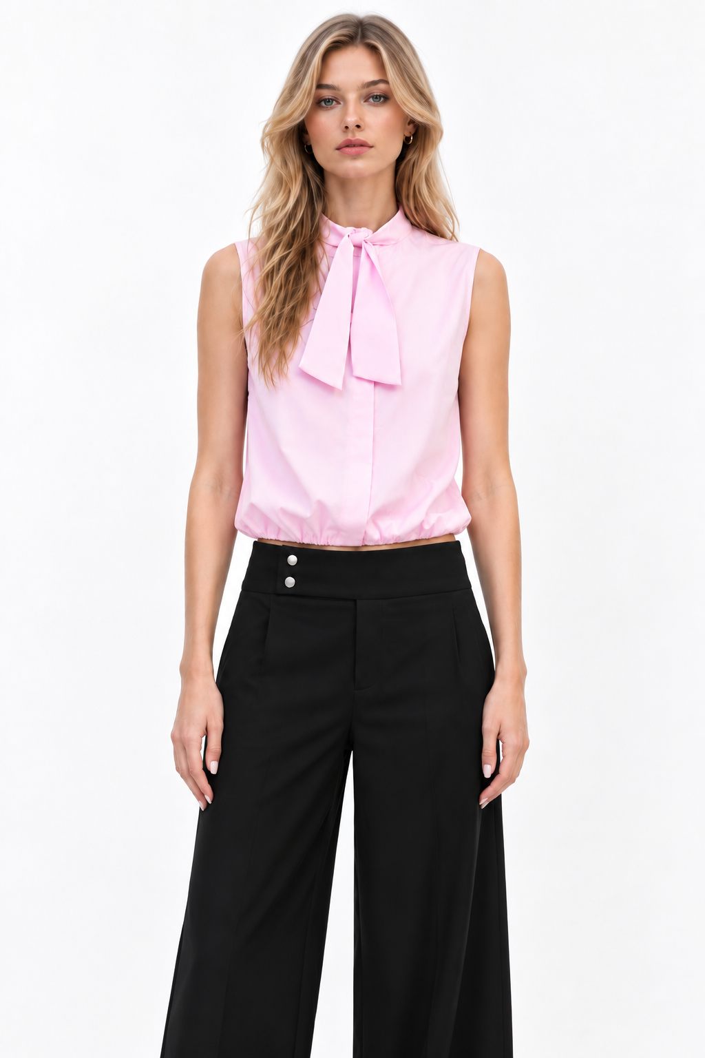 Women’s Pink Poly Cotton Tie-Neck Peplum Top