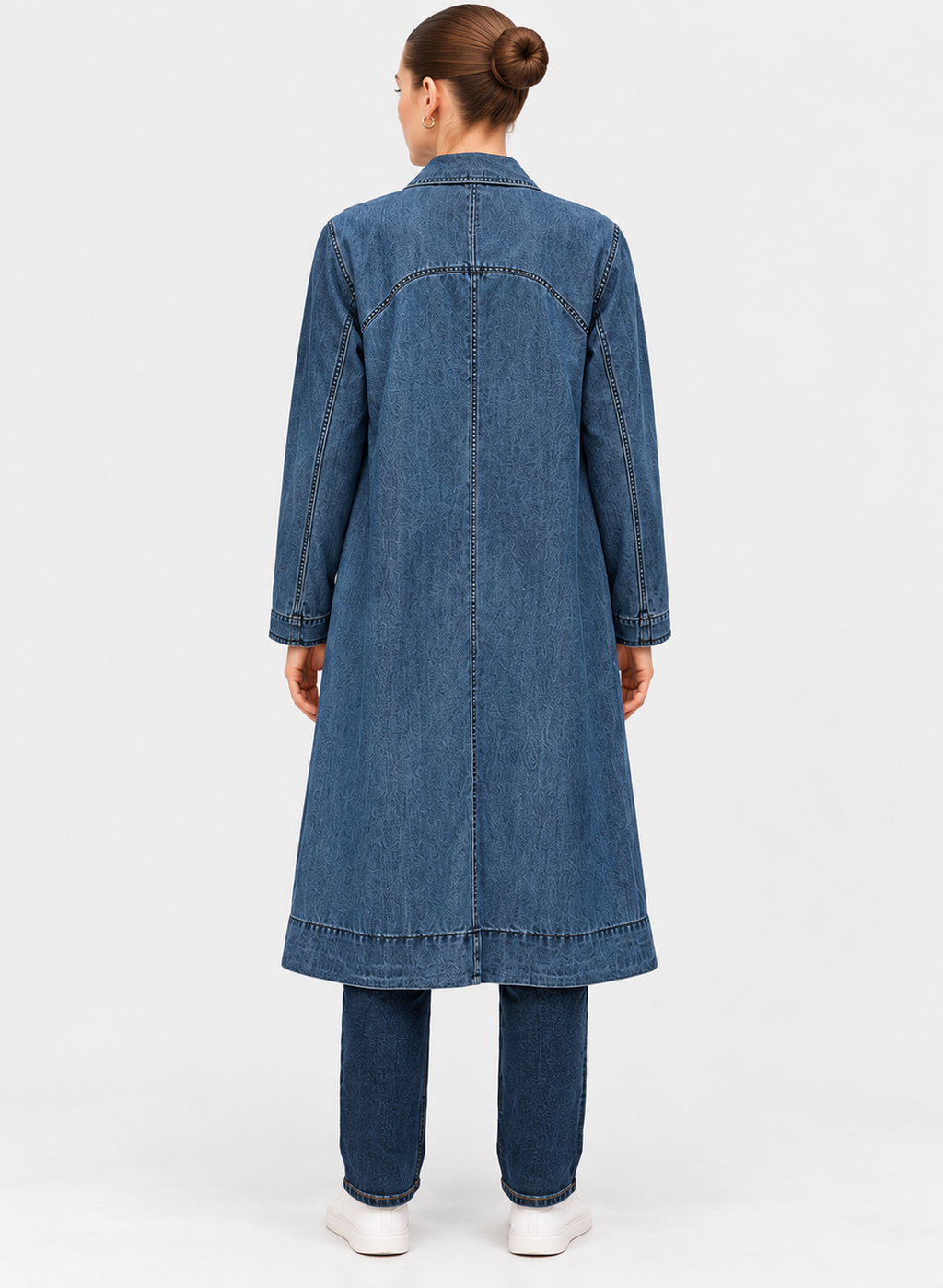 Women's Blue Denim Longline Coat with Contrast Stitching & Patch Pockets | Casual Long Denim Jacket