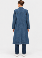 Women's Blue Denim Longline Coat with Contrast Stitching & Patch Pockets | Casual Long Denim Jacket