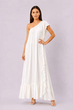 One-Shoulder Ruffle Rayon Crinkle Maxi Dress