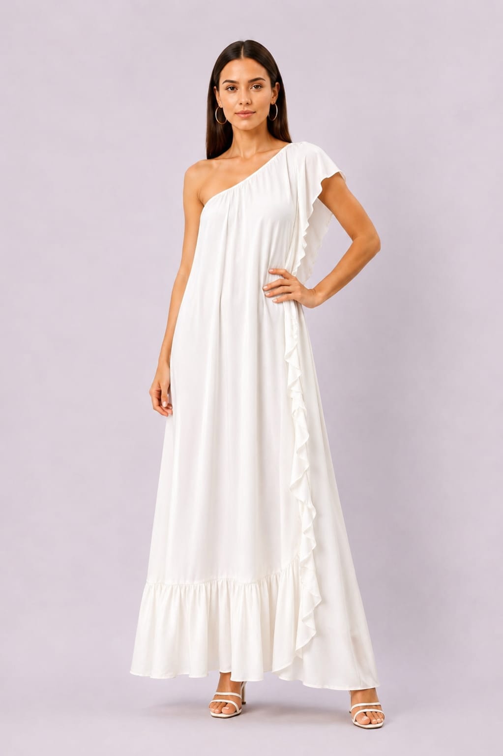 One-Shoulder Ruffle Rayon Crinkle Maxi Dress