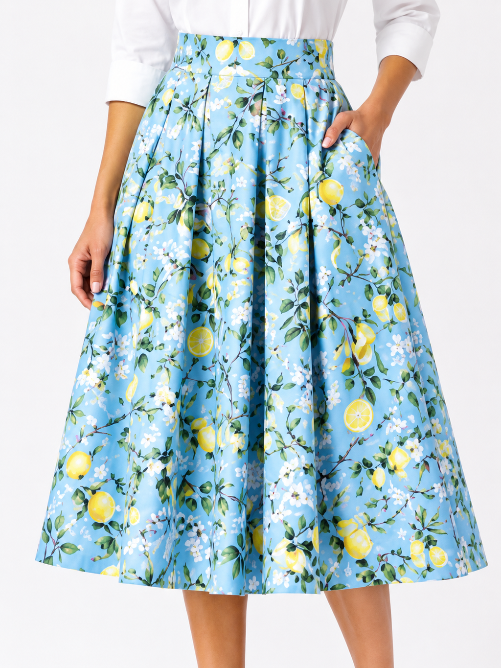 Sky Blue Lemon Blossom Pleated Midi Skirt