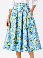 Sky Blue Lemon Blossom Pleated Midi Skirt