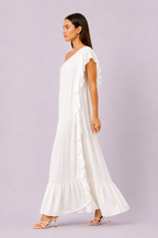 One-Shoulder Ruffle Rayon Crinkle Maxi Dress