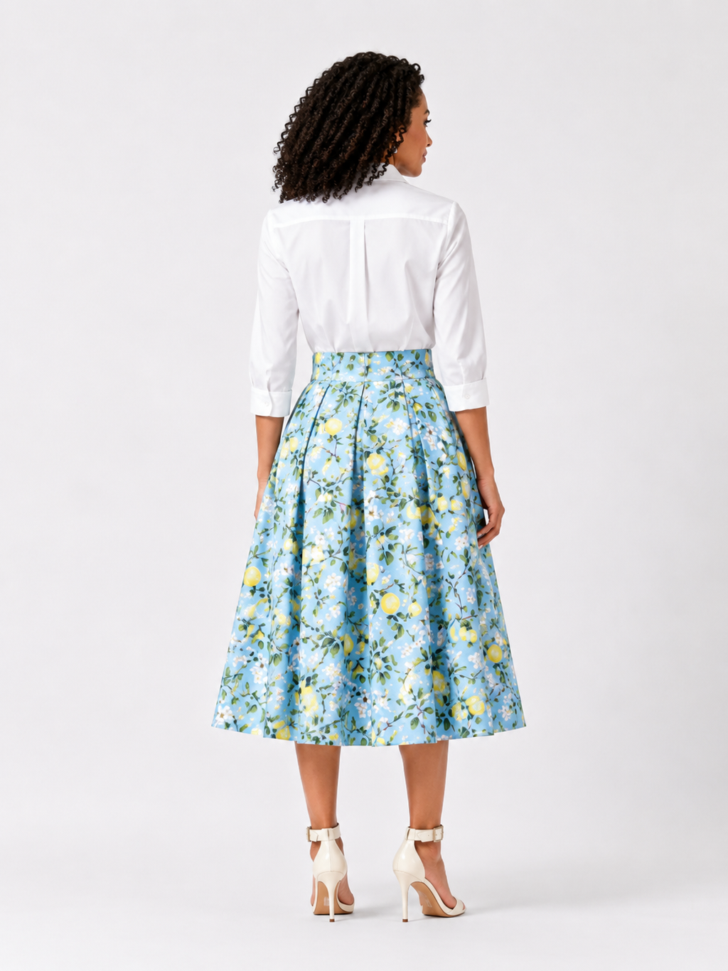 Sky Blue Lemon Blossom Pleated Midi Skirt