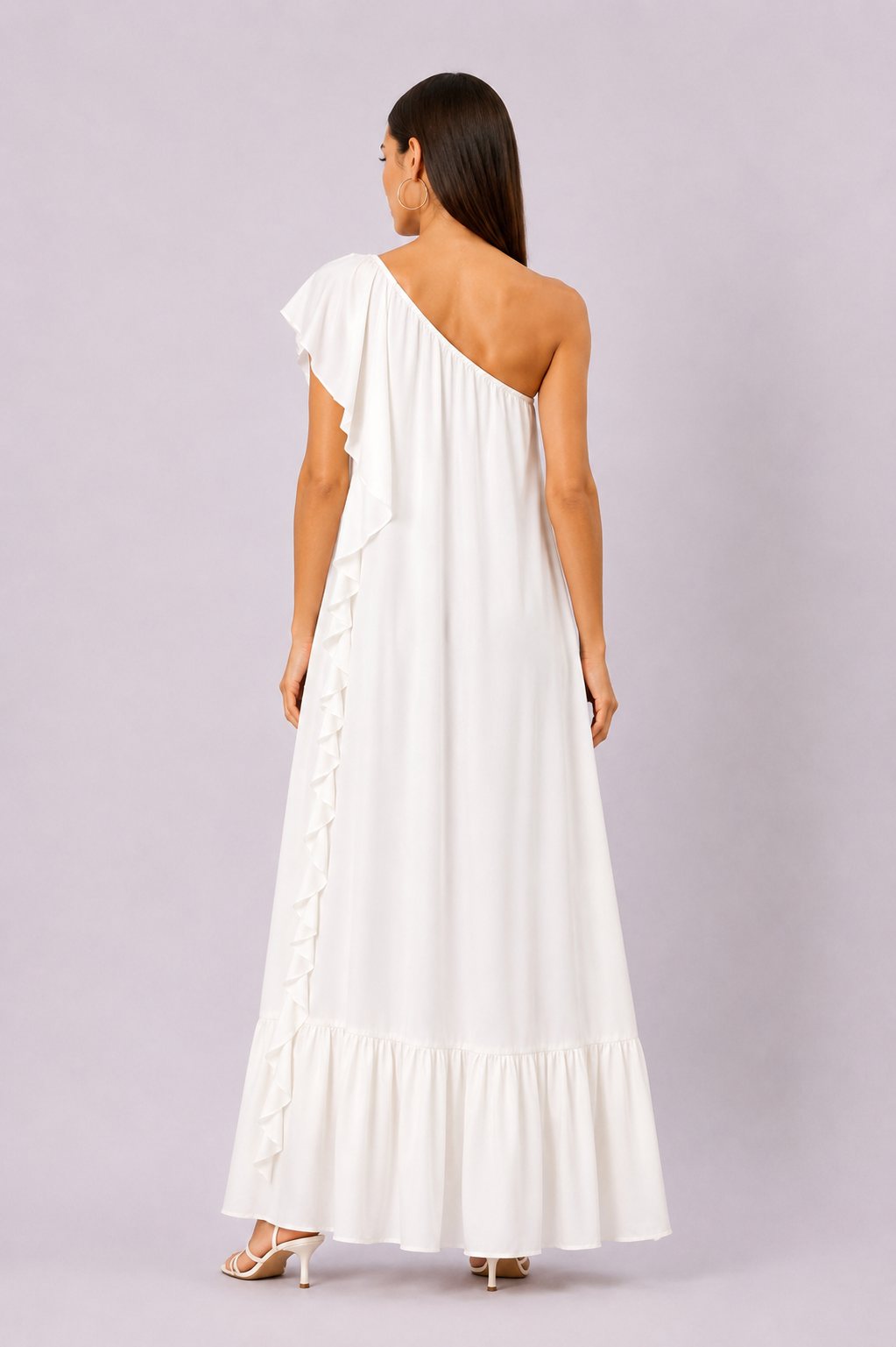 One-Shoulder Ruffle Rayon Crinkle Maxi Dress