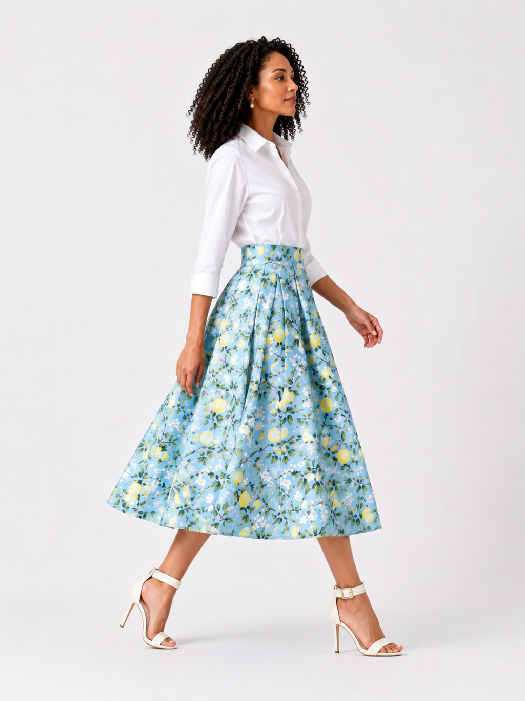 Sky Blue Lemon Blossom Pleated Midi Skirt