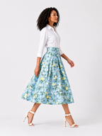 Sky Blue Lemon Blossom Pleated Midi Skirt