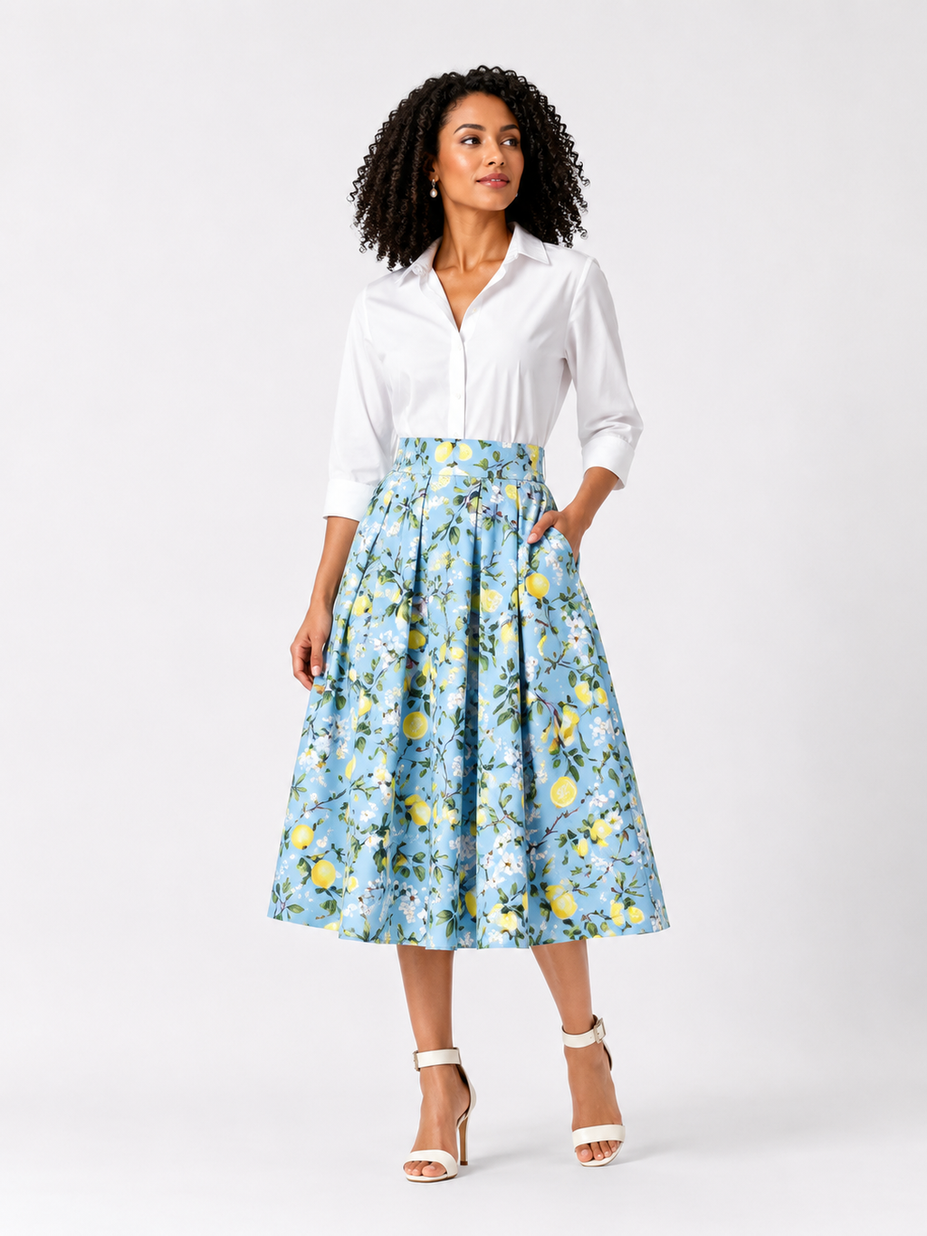 Sky Blue Lemon Blossom Pleated Midi Skirt