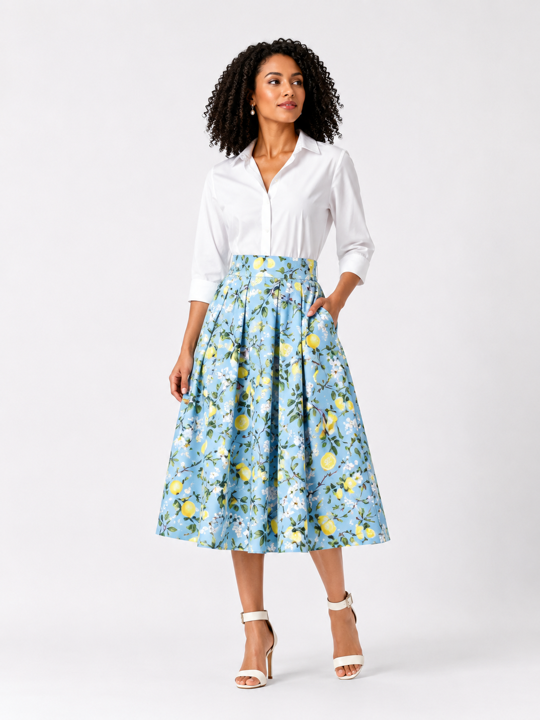 Sky Blue Lemon Blossom Pleated Midi Skirt