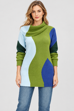 women's multicolor cotton rib knit cowl neck tunic sweater