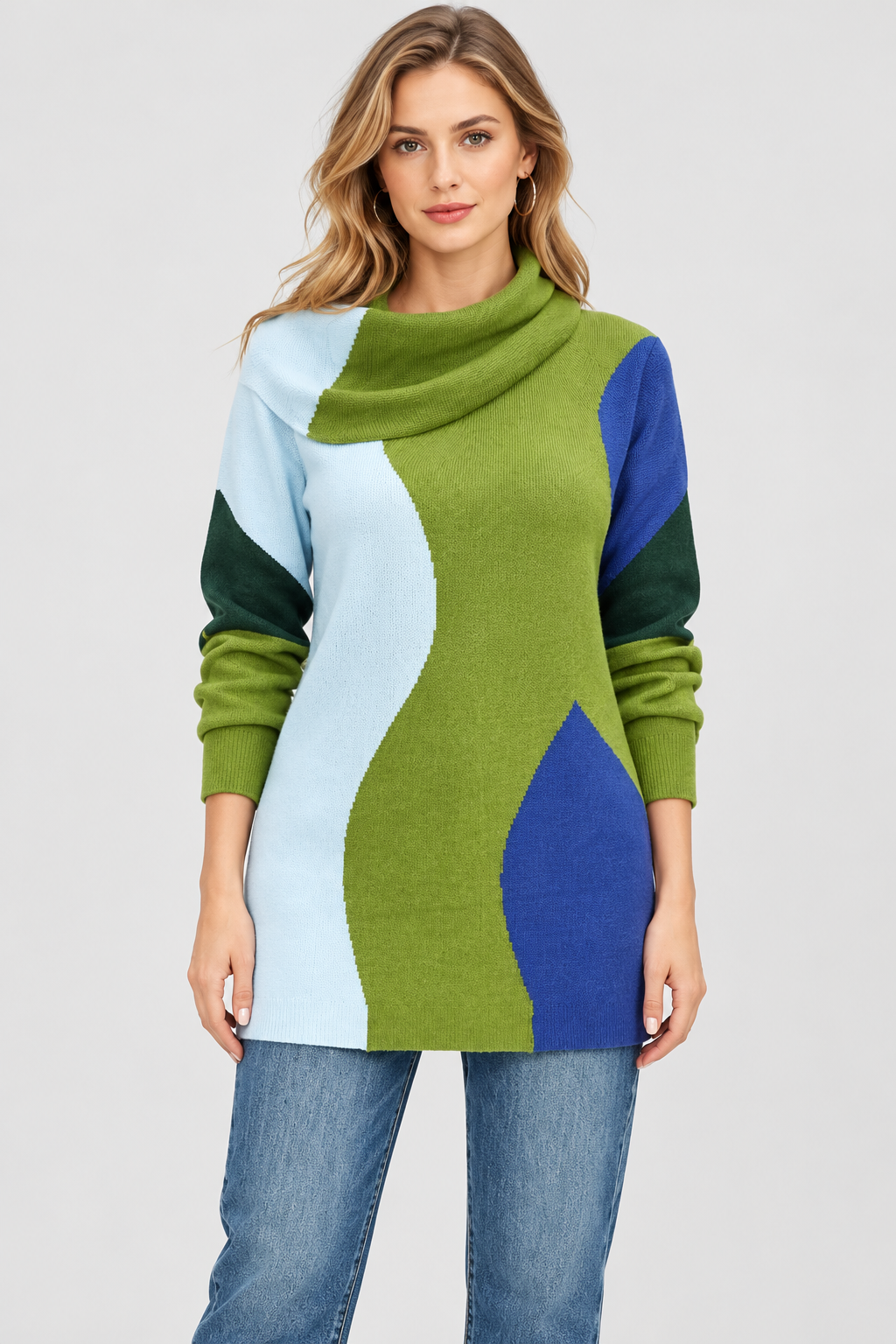 women's multicolor cotton rib knit cowl neck tunic sweater