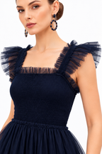 Women’s Navy Blue Sheer Tulle Tiered Maxi Dress with Ruffle Straps