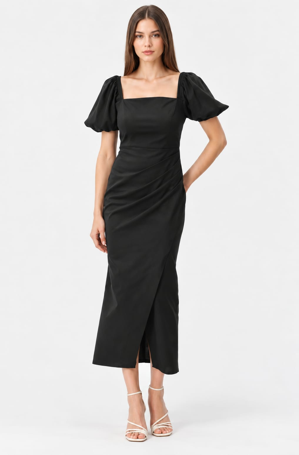 Cotton Satin Square Neck Puff Sleeve Midi Dress