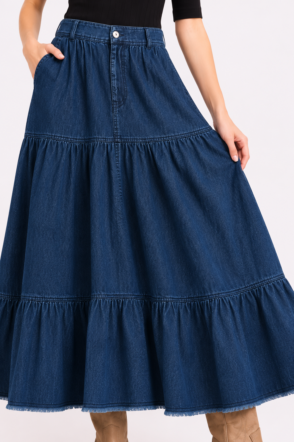 Cotton Denim Tiered Maxi Skirt