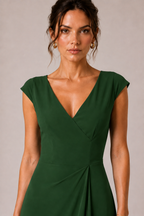 Dark Green Heavy Crepe Wrap-Style Maxi Dress with V-Neck and Ruffle Detail