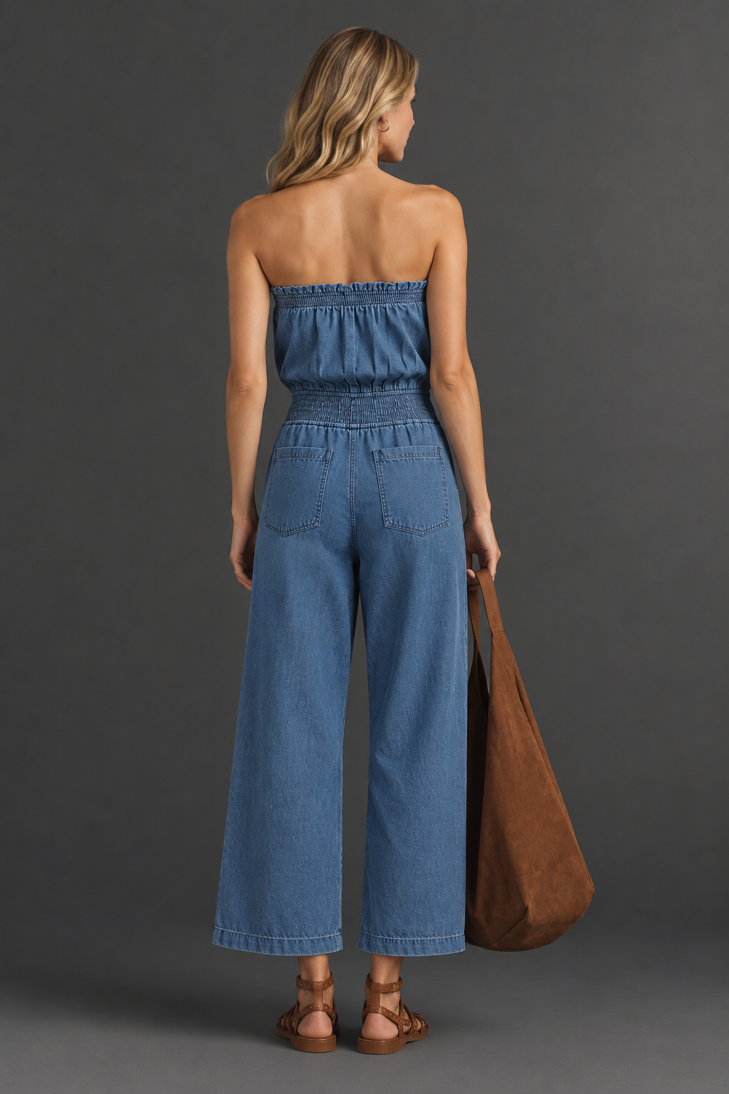 women's blue denim strapless wide-leg jumpsuit
