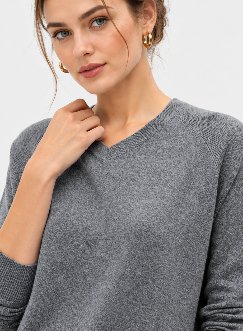 women's grey linen cotton V-neck sweater