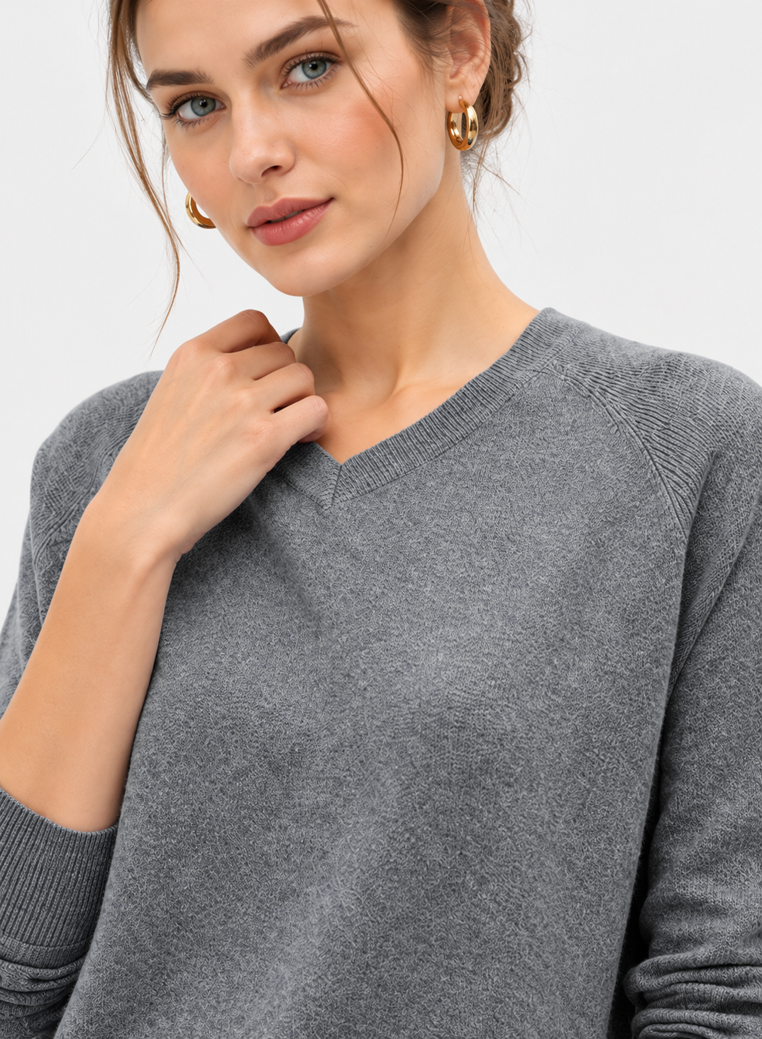 women's grey linen cotton V-neck sweater