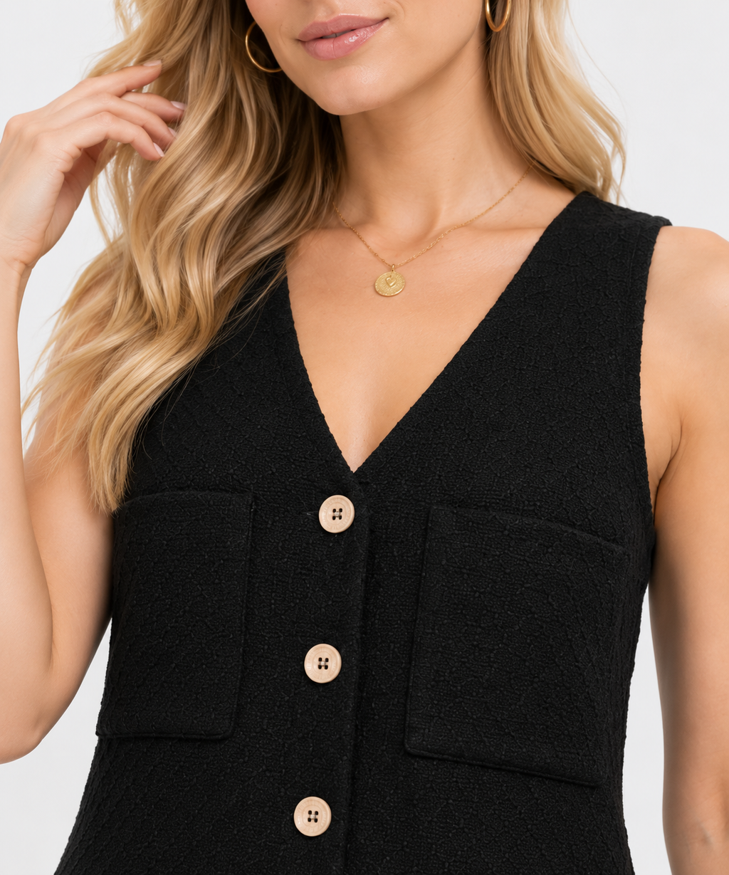 women's black polyester v-neck sleeveless button-front romper with utility pockets