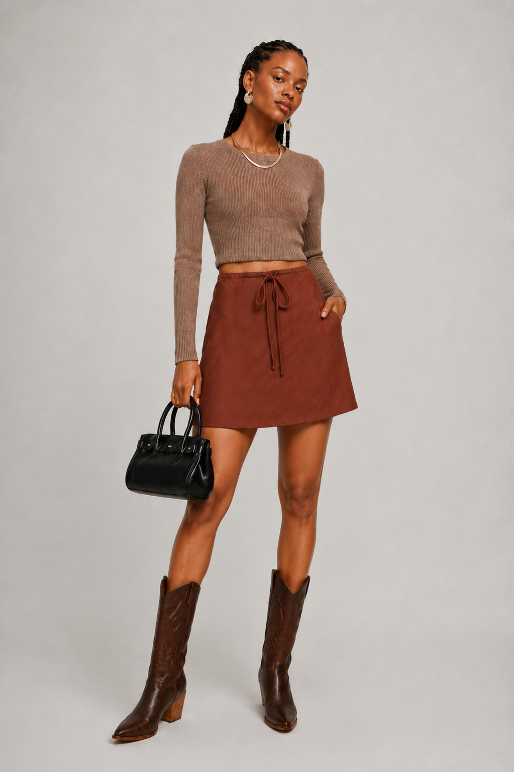 Rust Drawstring A-Line Midi Skirt