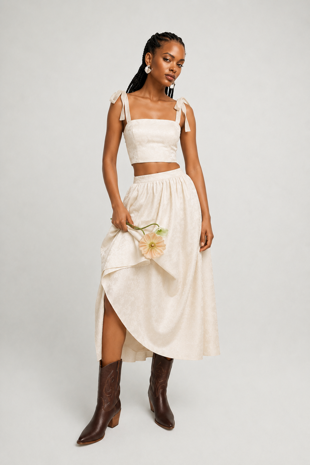 Ivory Gathered Midi Skirt