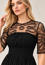 Black Rayon Crinkle Embroidered Mesh Midi Dress