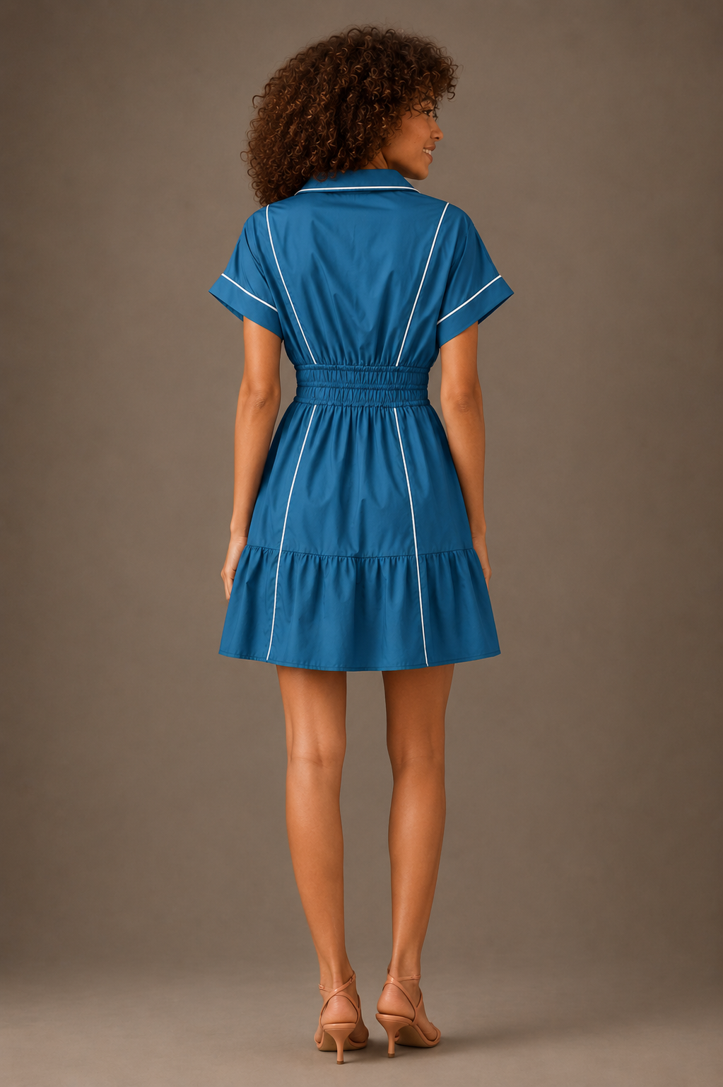 Teal Blue Cotton Piped Shirt Dress