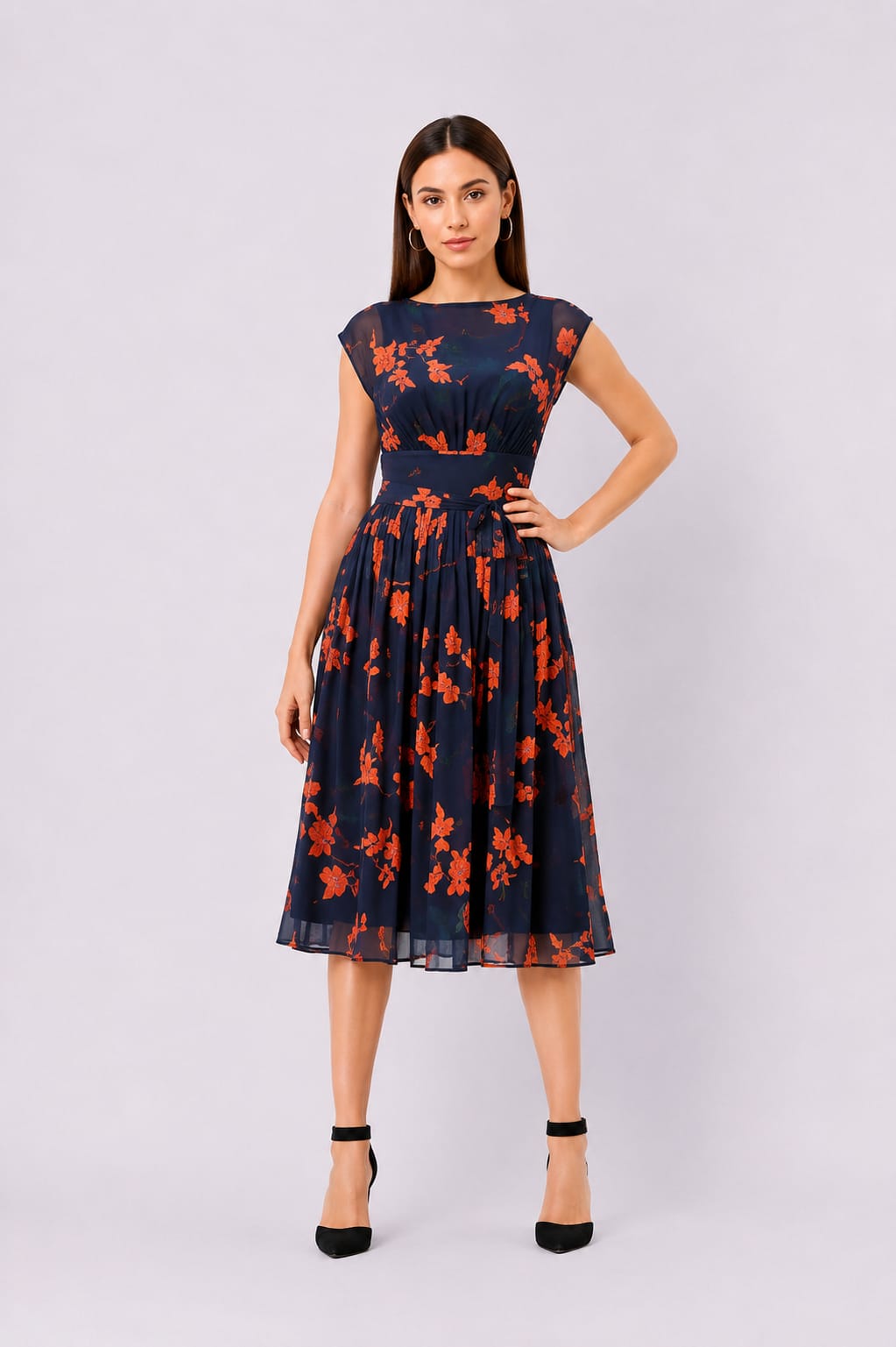 Floral Print Georgette Pleated Empire Dress