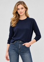 Women's Navy Blue Wool Knit Sweater with Crew Neck and Raglan Long Sleeves