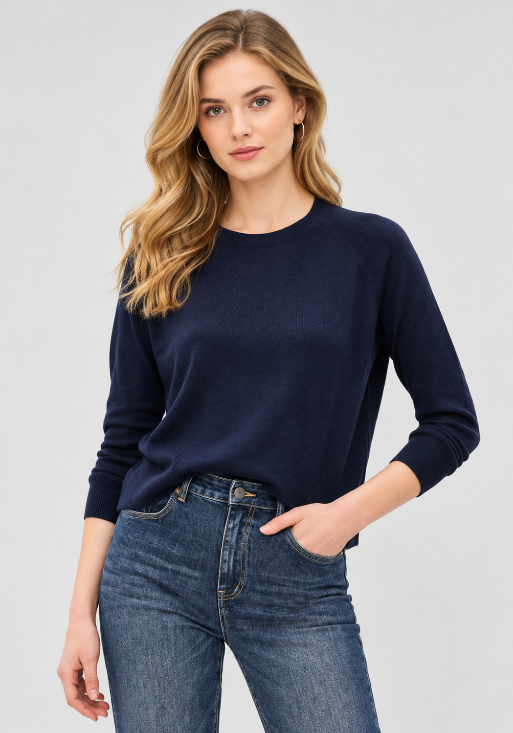 Women's Navy Blue Wool Knit Sweater with Crew Neck and Raglan Long Sleeves
