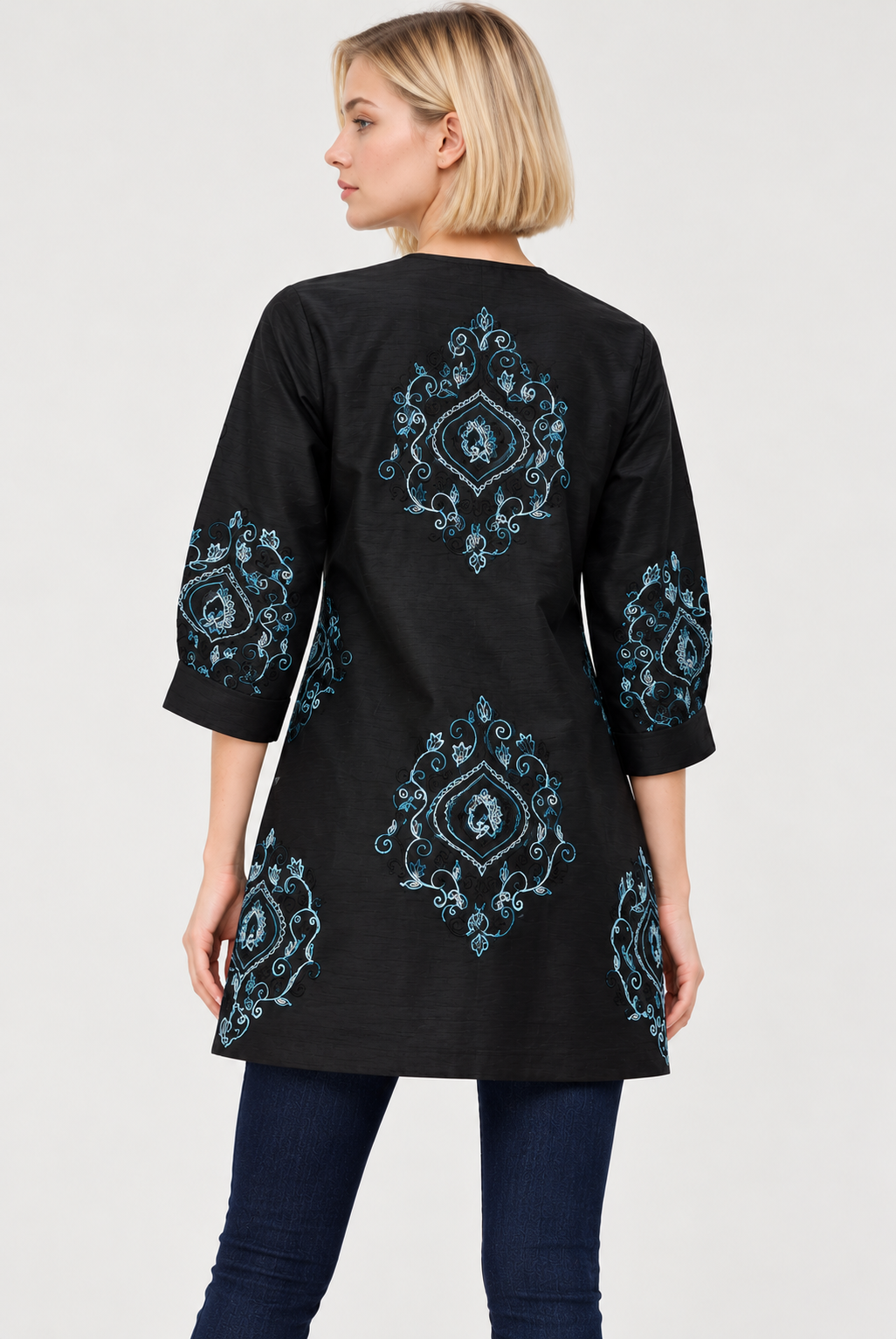Women's Black Dupioni Embroidered Open Front Kimono Jacket with Blue Floral Detailing