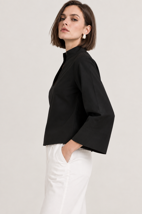 Women’s Black Cotton Mandarin Collar Top