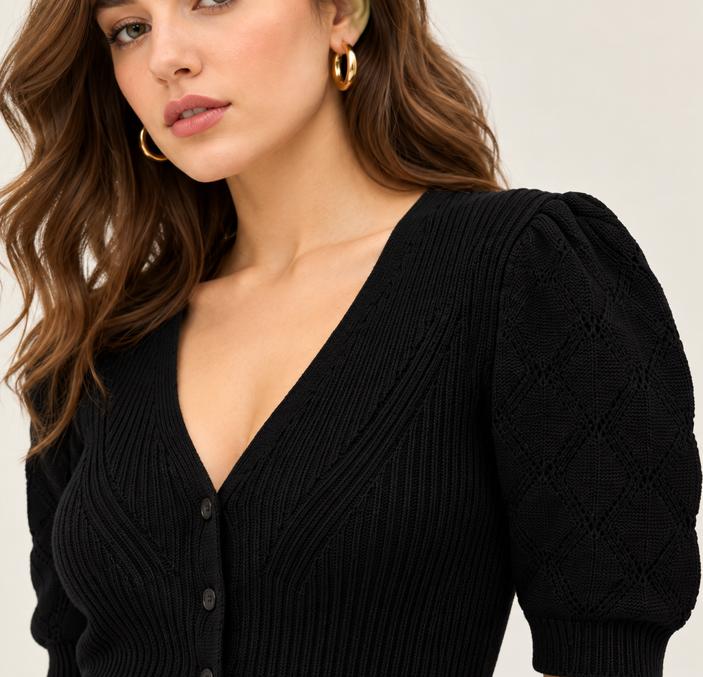Women's Black Cotton Knit Cardigan with Puff Sleeves and Button Front